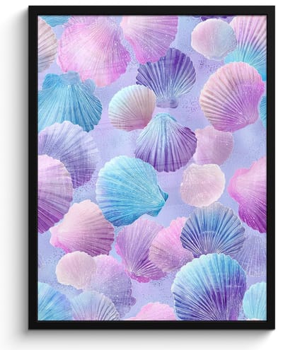 Poster in lijst - Fotolijst 60x80 cm - Posters - Schelpen - Paars - Blauw - Patroon - Posterlijst zwart - Decoratie - Wanddecoratie woonkamer - Muurdecoratie slaapkamer