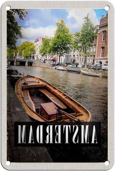 FEMER Metalen bord reis 12x18 cm Amsterdam reisbestemming boot Holland decoratief bord
