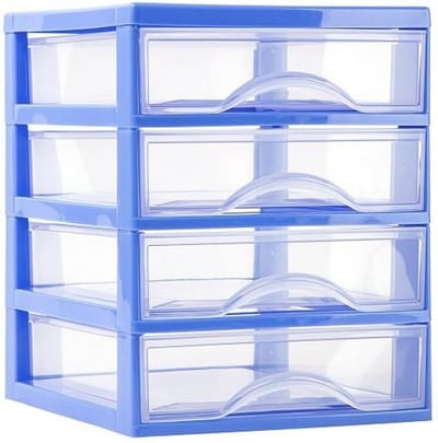 Plasticforte Ladeblokje/bureau organizer 4x lades - blauw/transparant - L18 x B21 x H23 cm - plastic