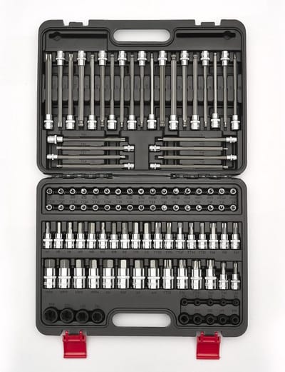 107-delige Wisseldoppenset: Inbus, Torx en Veiligheidsbits met 1/4, 3/8 en 1/2 Inch Aandrijving