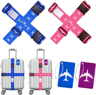 Verstelbare bagagestraps met bagagetags - 4-delige set voor veilige en stabiele koffers, ideaal voor reizen en vakantieaccessoires (roze en blauw)