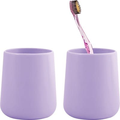 MSV Badkamer drinkbeker/tandenborstelhouder Malmo - 2x - Keramiek - lila paars - 8 x 10 cm