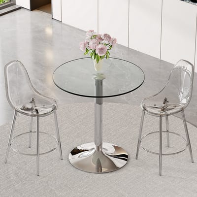 OKWISH Bartafelset 89 cm - Transparante Glazen Tafel Met 2 Barkrukken - Voor Keuken En Bar - Metaal Kunststof - Zilver