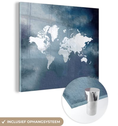 ® Glasschilderij 90x90 cm - Schilderij acrylglas - Wereldkaart - Waterverf - Blauw - Foto op glas - Muurdecoratie woonkamer - Wanddecoratie slaapkamer - Schilderijen