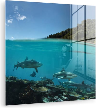 MuchoWow® Glasschilderij 90x90 cm - Schilderij acrylglas - Koraal - Haaien - Zee - Foto op glas - Muurdecoratie woonkamer - Wanddecoratie slaapkamer - Schilderijen