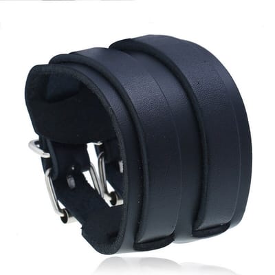 Armband Heren - Breed Zwart Leer met Dubbele Gesp - Leren Armbanden - Papa Cadeau Voor Mannen - Vaderdag