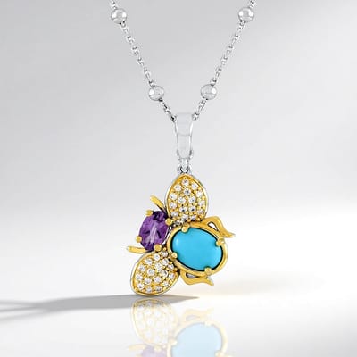 Cavill - Dames Ketting 925 Sterling Zilver - Sleeping Beauty Turkoois 0,81ct Ovaal & Amethist 0,315ct - Zirkonen 0,335ct - Elegant Edelsteen Sieraad