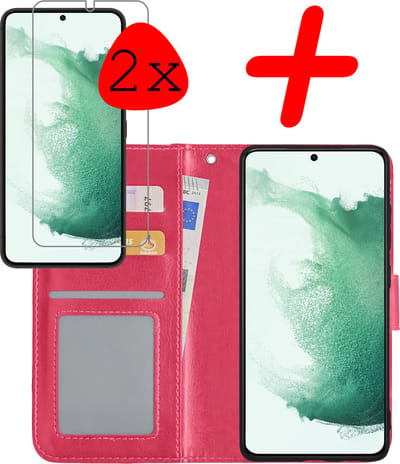 Hoesje Met 2x Screenprotector - Geschikt voor Samsung Galaxy S22 Plus - Luxe Pasjeshouder - Bookcase Portemonee - Flip Case - Kunstleer Book Case - Flipcase Hoes - Book Cover - Walletcase - Portemonneehoes - Donkerroze