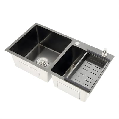 Keukenspoelbak – Voor Keuken – Dubbele RVS Spoelbak met Afvoer, Zeefjes, Afdruipmand en Zeepdispenser – 78×43×22 cm