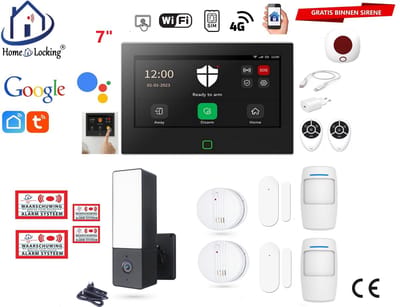 Draadloos / bedraad alarmsysteem met 7-inch touchscreen voor woning/camper/boot/caravan werkt met wifi en sim kaart en met spraakgestuurde apps. (Nederlands of Frans stem en tekst). ST01B-44