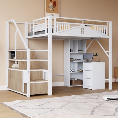 DESMIU Hoogslaper 140x200 cm – Veiligheidshek Met Raamdesign – Trap Met Opbergruimte En Kastje – Zonder Matras – Kinderkamer – Metaal En Hout – Wit