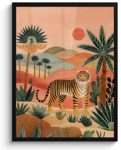 Poster in lijst - Fotolijst 60x80 cm - Posters - Tijger - Kleurrijk - Palmen - Cactus - Posterlijst zwart - Decoratie - Wanddecoratie woonkamer - Muurdecoratie slaapkamer