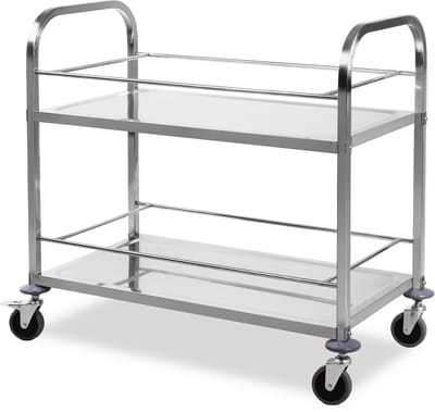 HCB® - Professionele Horeca Serveerwagen op wieltjes - 2 lagen - RVS / INOX keuken trolley - Serveerkar - Roltafel - keukentrolley industrieel - 50x95x94 cm (DxBxH) - 15 kg - 8664
