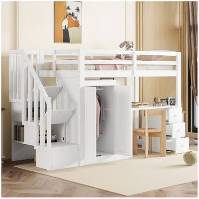 Merax Hoogslaper - 90 x 200 cm - met kledingkast + bureau + lades en hanggedeelte - grenenhout + MDF - wit (zonder matras)