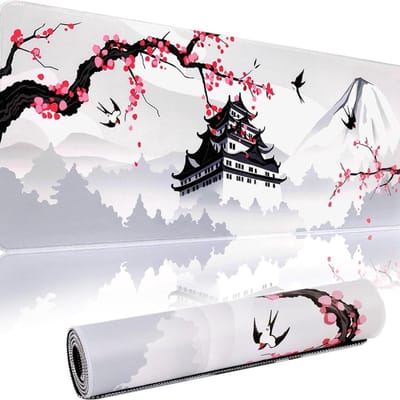 Grote XXL gaming muismat Japanse kersenbloesem wit waterdicht en antislip - 31 x 118 inch - Dikke 3 mm - Nagoya Castle Tower Muismat