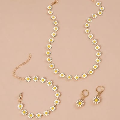 Sjika - Sieradenset Dames Bloemen – Ketting, Armband & Oorbellen – Madeliefjes Set – Zomers Sieraad – Cadeau voor haar