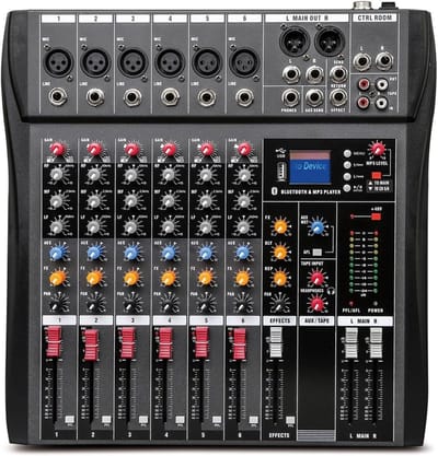 6-kanaals Mixer - Audiomixer Podiumopname - Muziek Productie - Ingebouwde Bluetooth Functie - 342x340x37mm - Metaal