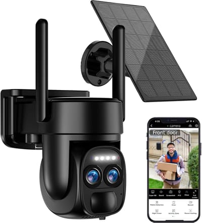 4K-beveiligingscamera op zonne-energie voor buiten, 5G/2.4G WiFi PTZ-camera, op batterijen, 360°-beeldbeveiligingssysteem voor thuis, met kleurennachtzicht/PIR-sensor/automatische tracking.
