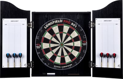Houten Cabinet met Dartbord – Inclusief 6 Steeltip Pijlen, Whiteboard & Marker – Beschermt Muur en Dartbord – Wedstrijdbord – Zwart Hout Fineer – Longfield