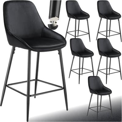 tectake® - Set van 6 Barkrukken Siera - Gestoffeerde Barkruk met rugleuning - Barstoelen - Barstoel met voetensteun - Eetkamerstoel met fluweellook bekleding en zachte schuimvulling - Stevige stalen poten met antislip vloerbescherming - Zwart