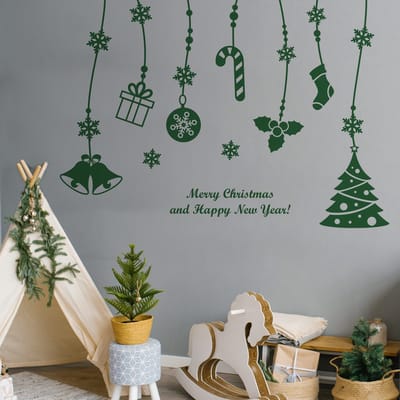 Fijne Kerst en een Gelukkig Nieuwjaar Sticker - 90x115cm - Groen - Kerststickers - Feestelijke Decoraties