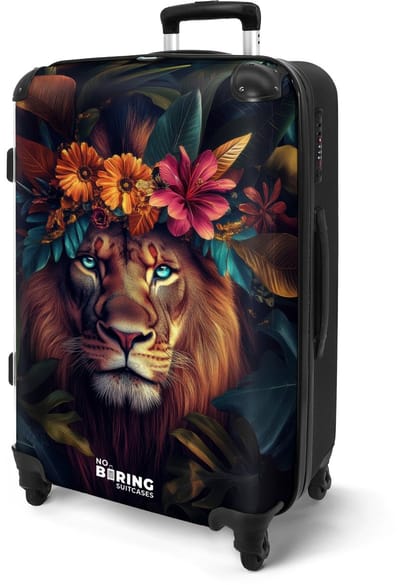 NoBoringSuitcases.com® - Koffer groot - Rolkoffer lichtgewicht - Leeuw met bloemenkroon in jungle - Reiskoffer met 4 wielen - Grote reis trolley XL - Luggage suitcase - Hardcase reistrolley medium - 20 kg bagage