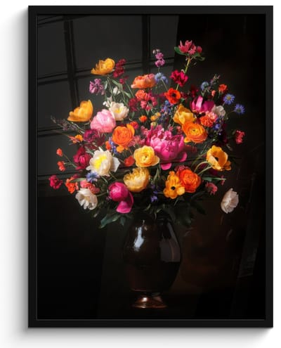 Poster in lijst - Fotolijst 50x70 cm - Posters - Kleurrijk - Boeket - Vaas - Donkerbruin - Posterlijst zwart - Decoratie - Wanddecoratie woonkamer - Muurdecoratie slaapkamer
