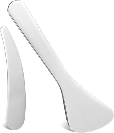 Set van 2 roestvrijstalen cosmeticaspatels, herbruikbare gebogen mini spatels voor crèmes, lotions en maskers