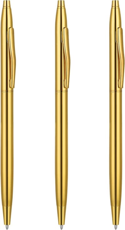 Set van 3 Slanke RVS Balpennen met Zwart Inkt en Gouden Accenten - Perfect voor Kantoor, Studenten en Cadeaus