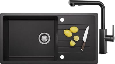 CECIPA MAX Granieten spoelbakken (86x45CM) - Spoelbak Keuken Met L-Vorm Keukenkraan - Wasbak Keuken Met Waterafvoersysteem en Afdruiprek - Zwart