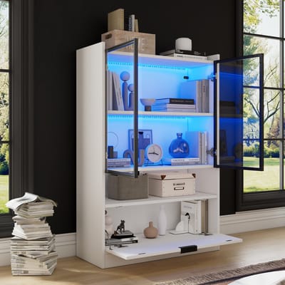 Moderne vitrinekast met LED-verlichting - glazen vitrinekast - kast voor de woonkamer met glasdeuren en vouwdeuren - wit