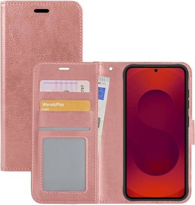 Hoesje - Met Pasjeshouder - Geschikt voor Samsung Galaxy S25 FE - Luxe Bookcase Portemonee - Flip Case - Kunstleer Book Case - Flipcase - Book Cover - Walletcase - Portemonneehoes - Rosé goud