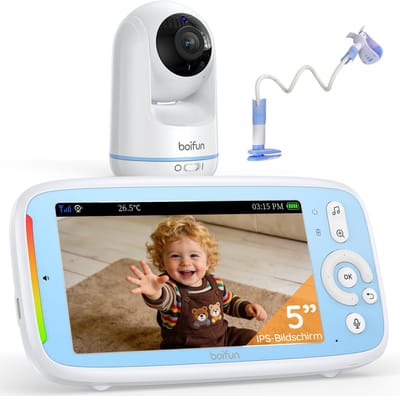 BOIFUN Babyfoon - Baby Monitor - Babyfoon Houder - Ultrahelder Nachtzicht - PTZ 360° - 3× Zoom - Zonder Wifi - Geluids-/Temperatuurdetectie - Tweeweg Audio