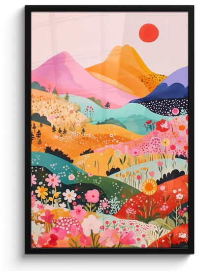 Poster in lijst - Fotolijst 60x90 cm - Posters - Kleurrijke bloemen - Bergen - Fantasielandschap - Posterlijst zwart - Decoratie - Wanddecoratie woonkamer - Muurdecoratie slaapkamer