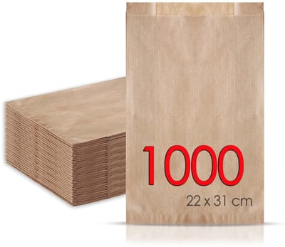 1.000 zakjes van kraftpapier, 22 + 7 x 31 cm, broodzakken, communiezakjes, snoepzakjes, cadeauzakjes, bakkerijzakjes, cadeauzakjes, sandwichzakjes