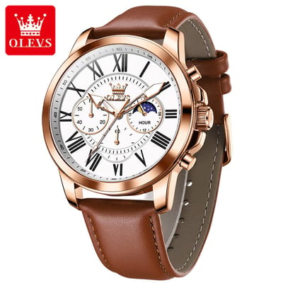 HO-3632.br-rs-z : Olevs rosékl edelstaal chronografisch quartz horloge, zilverwitte wijzerplaat, cognackl genuine lerenband, uren & minuten & maanfase -aanduiding