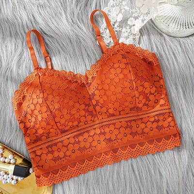 Vrouwen Kanten Bh Top Comfortabele Bralette Effen Kleur Voeg Pad toe Lingerie Schoonheid Terug Ondergoed Sexy Vest Vrouwelijke Draadloze Bh oranje