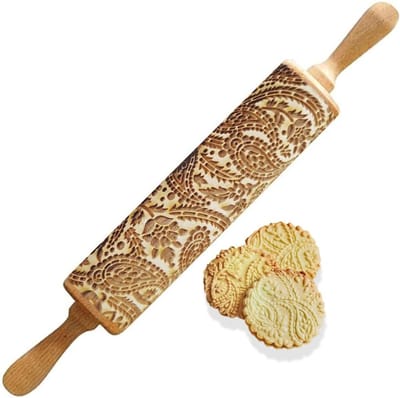 Famanu – Houten deegroller met 3D patroon – embossing roller met kogellagers – voor koekjes, pizza en decoratief deeg