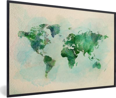 Poster in lijst - Fotolijst 30x20 cm - Posters - Wereldkaart - Waterverf - Groen - Posterlijst zwart - Decoratie - Wanddecoratie woonkamer - Muurdecoratie slaapkamer