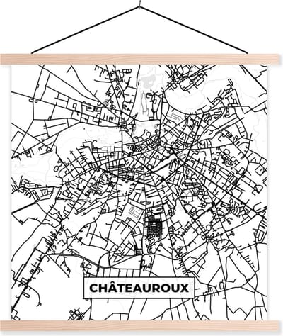 Posterhanger incl. Poster 40x40 cm - Schoolplaat - Kaart – Plattegrond – Châteauroux - Frankrijk – Stadskaart - Zwart wit - Textielposter - Blanke latten - Stadskaart