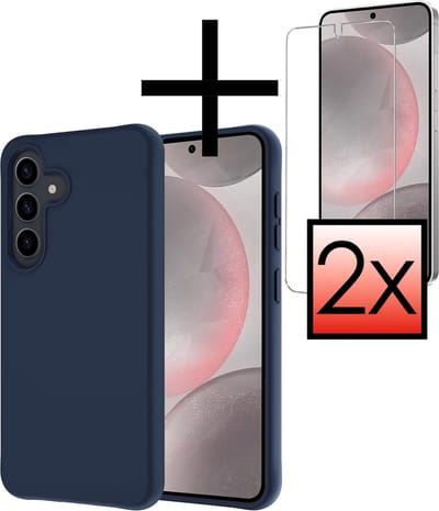 Hoesje - Met 2x Screenprotector - Geschikt voor Samsung Galaxy S24 - Sterk & Shockproof - Back Cover - Siliconen Case - Telefoon Hoes - Donkerblauw