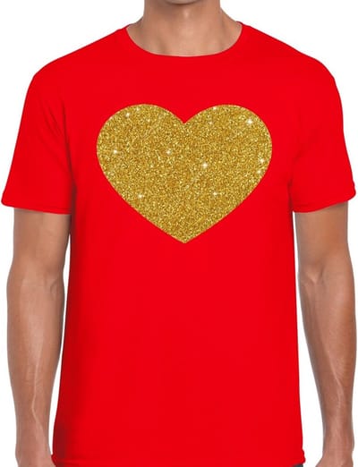 Gouden Hartje print T-shirt - met glitters print - feestkleding - rood - voor heren - I Love - glamour S