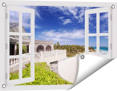 Gards Tuinposter Doorkijk Het Strandhuis - 60x40 cm - Tuindoek - Tuindecoratie - Wanddecoratie buiten - Tuinschilderij