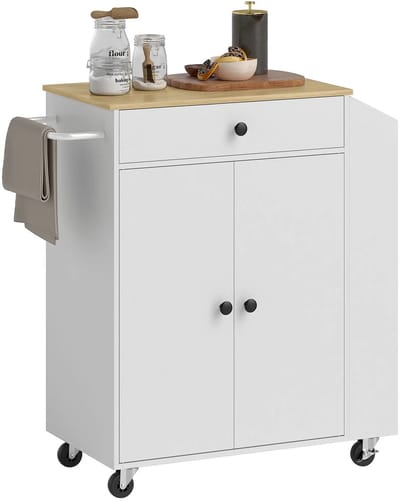 Keukeneiland - Verplaatsbaar - Keukenkast - Dressoir - Organizer - Kasten - Houten Werkblad - Wit + Eiken
