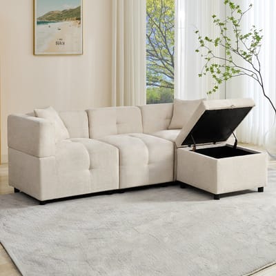 Driezitsbank - hoekbank met opbergruimte - L-vormige hoekbank met afneembare voetenbank en 2 kussens - beige