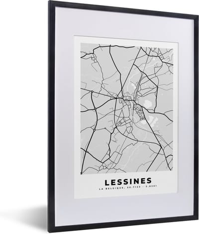 Fotolijst incl. Poster Zwart Wit- Stadskaart – Plattegrond – België – Zwart Wit – Lessines – Kaart - 30x40 cm - Posterlijst