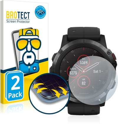BROTECT - Screenprotector voor Garmin Fenix 5X Plus (51 mm) - Folie Beschermfolie transparant volledig dekking - 2 Stuks