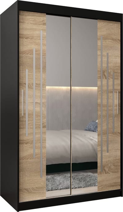 InspireMe - Kledingkast met 2 schuifdeuren, Modern-stijl, Een kledingkast met planken en een spiegel (BxHxD): 120x200x62 - MALTESE I 120 Zwart Mat + Sonoma Eik