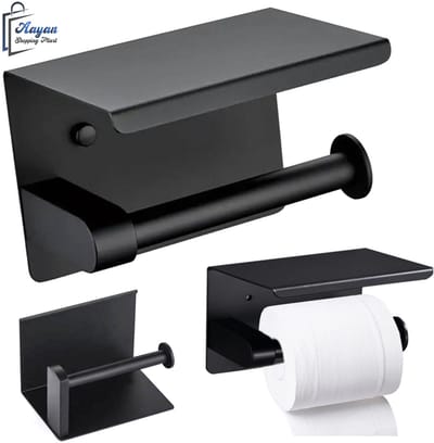 Zwart stalen toiletrolhouder - wc rolhouder zwart - toiletrolhouder zwart - toiletrolhouders - toiletrolhouder met plankje - 58719