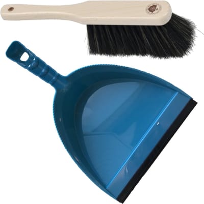 Stoffer en blik blauw van kunststof/hout met lip voor binnen - Zachte borstel/handveger